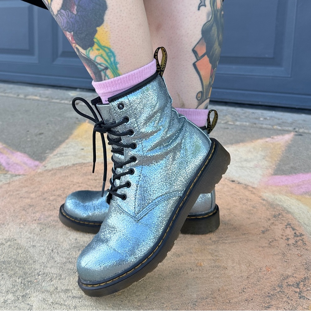 Dr. Martens 1460 Big Kid Girls' Combat Boot Blue Crackle Metallic
